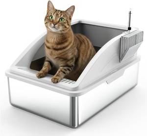 lot 8574 image: $90 Stainless Steel Litter Box XL with Lid, High-Sided, with Floor Mat