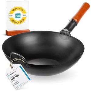 lot 8608 image: $63 YOSUKATA 13.5 Pre-Seasoned Carbon Steel Wok Pan, Flat Bottom