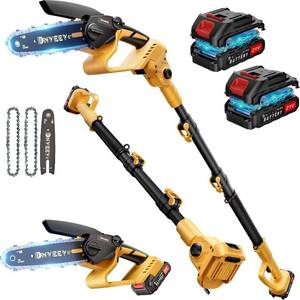 lot 8632 image: $130 21V Cordless Pole Saw, 6-Inch Bar, 1500W, 2 Batteries, Safety Kit