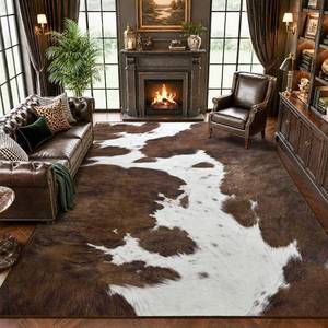 lot 8667 image: $119 Foxmas Cow Print Rug 8x10, Washable Non-Slip Low-Pile Rug Brown