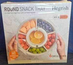 lot 99 image: Round Snack Tray 6 Circular Box Divided Serving with Lid Handle