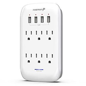 lot 5821 image: Fosmon 6 Outlet Wall Surge Protector, Multi Plug Outlet Extender, Outlet Wall Mount Adapter Outlet Splitter with 4 USB Charging Ports (4.2A) and Top Phone Holder- ETL Listed, 1225 Joules  - Retail $13