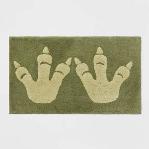 lot 5823 image: Dinosaur Feet Kids Bath Rug - Pillowfort Aqua Green Tufted Cotton, Medium Pile, Kids Bathroom Mat, 18x210 - Retail $18