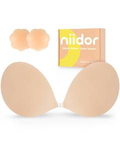 lot 5862 image: Niidor Adhesive Bra Strapless Sticky Invisible Push up Silicone Bra for Backless Dress with Nipple Covers Nude(A Cup) - Retail $26
