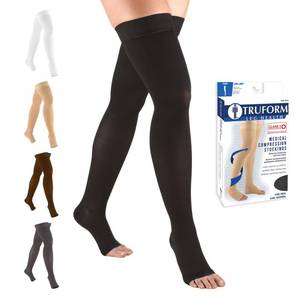 lot 5867 image: Truform 20-30 mmHg Compression Stockings for Men and Women, Thigh High Length, Dot-Top, Open Toe, Black, 2X-Large - Retail $32