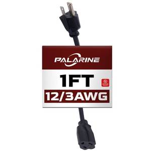 lot 5886 image: PALARINE 1ft Black Extension Cord Waterproof, UL Certified, 123 SJTW Heavy Duty 3 Prong, 12 Gauge 15A Power Cord Ideal for Lights, Appliances, and Lawn - Retail $7