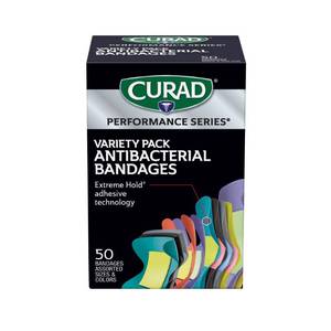 lot 5909 image: CURAD Performance Series Antibacterial Bandages, Extreme Hold Adhesive Technology, Finger & Knuckle Bandages, Flexible Fabric, Variety Pack with Assorted Sizes & Colors, 50 Count - Retail $9