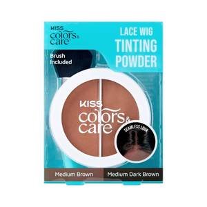 lot 5996 image: Kiss Colors & Care Lace Wig Tinting Powder & Brush, 2 Brown Shades, Oil Control Formula, Matte Finish, Vegan, Cruelty Free, Hyaluronic Acid & Coconut Extract Infused, 8g (0.28 oz.) - Dark Duo - Retail $9