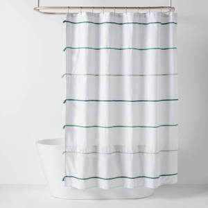 lot 2291 image: Striped with Tassels Kids Shower Curtain Blue - Pillowfort Twill, Machine Wash, Buttonhole Top, OEKO-TEX Certified - Retail $20