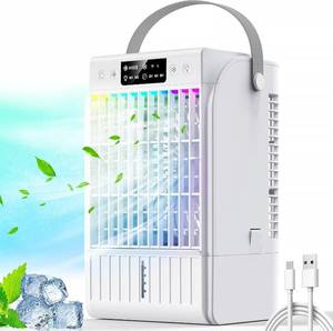lot 2305 image: Portable Air Conditioners,1500 ML Portablel Air Cooler, 4 Wind Speeds& 2 Spray Modes Evaporative Air Cooler,Personal Cooling Fan with 2-6H Timer& 7 Color Night Light,Suitable for Home Office (White) - Retail $50