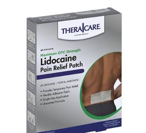 lot 2341 image: TheraCare Maximum Strength OTC Pain Relief Patch  4% Lidocaine Patch  3.9 x 5.5  5-Count Box