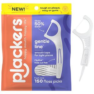 lot 2539 image: Plackers Gentle Line Floss Picks  Fresh Mint Flavor  Fold-Out FlipPick  QuickFix Grip  Easy Storage with Sure-Zip Seal  150 Count - Retail $10