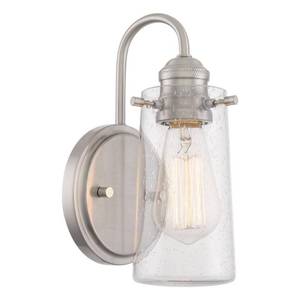 lot 2767 image: Kira Home Rayne 10  Farmhouse Wall Sconce  Silver Gooseneck Wall Light with Tapered Seeded Glass Shade  Brushed Nickel - Retail $67