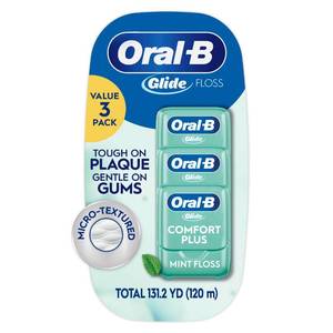 lot 2691 image: Oral-B Glide Dental Floss, Comfort Plus Mint, 3 Pack (131.2 YD Total)&nbsp Shred-Resistant Smooth Dental Tape for Tight Spaces, Natural Wax, Removes Plaque, Gum Care, Travel-Friendly - Retail $10