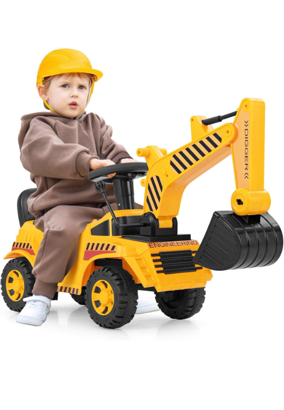 lot 5162 image: Ride On Excavator, Kids Construction Digger Truck, Ride on Push Car for Toddlers wWorking Shovel, Engine Sound, Under-seat Storage, Anti-Rollover Device, Sliding Car Vehicle Toy - Retail $55