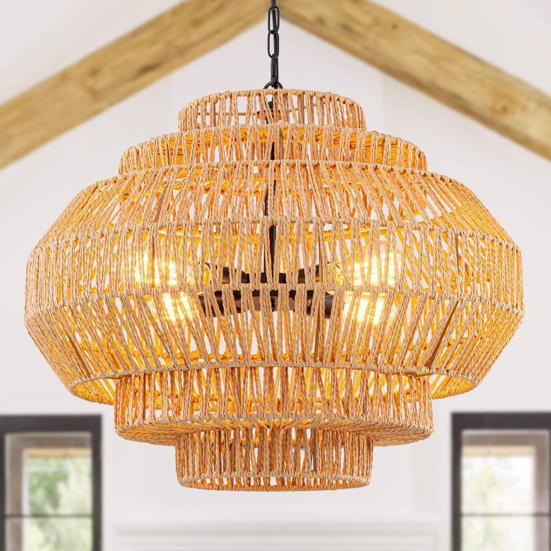 lot 5169 image: OCWHT 23.6 Rattan Chandelier Dinning Room Pendant Light Fixture Boho Chandelier Boho Hanging Light Large Basket Light Woven Rattan Pendant Light for Kitchen Island Bedroom Farmhouse Living Room - Retail $300