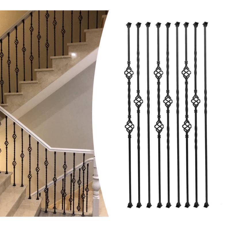 lot 5181 image: Sidasu 9 Pack Iron Balusters,Hollow Double Basket Iron Spindles Hollow Single Basket Staircase Balusters Single Twist 12 Square Stair Balusters with 18 Swivel Shoes - Retail $78