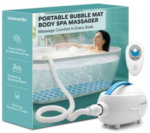 lot 5120 image: SereneLife Bubble Bath Mat, Bathtub Mat with Air Massage and Remote Control, Waterproof, Non-Slip, Adjustable Bubble Intensity, Aroma Diffuser, 47x14.2 Inch Full Body Spa Massager - Retail $129
