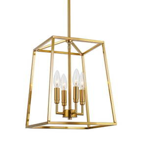 lot 5121 image: Kira Home Bellevue 16  4-Light Modern Gold Lantern Pendant Light  Large Gold Geometric Metal Cage Chandelier  Cool Brass - Retail $150