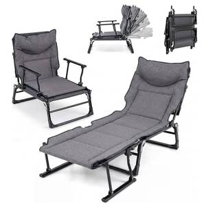 lot 5140 image: GYMAX 2 in 1 Convertible Lounge Chair Outdoor with Pad, Pillow, 6 Level Adjustable, Heavy Duty 440 LBS Portable Camping Cot, Patio Folding Chaise Lounge Chair for Lawn, Yard - Retail $100
