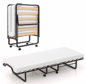 lot 5142 image: Costway Portable Foldable Guest Bed with Solid Wood Slats and Metal Frame Rollaway Bed for Adults with Wheels - Retail $170
