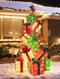 lot 5196 image: Costway 5.6 FT Pre-Lit Gift Box Tower with Bowknot and 483 LED Light Bulbs - Retail $199