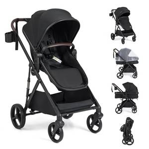 lot 5197 image: BABY JOY 2 in 1 Baby Stroller, High Landscape Convertible Bassinet Stroller with Reversible Seat, Net, Adjustable Canopy, Cup Holder, Foldable Pushchair Pram Stroller for Newborn Toddlers Black - Retail $130