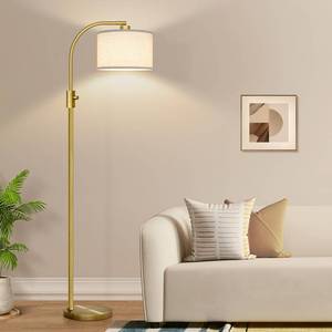 lot 1849 image: Nintiue Upgraded Modern Arc Dimmable Tall Standing Floor Lamp with Linen Shade, 1200 Lumens LED Bulb Included, for Living & Reading Room, Bedroom, Office & Nursery, Brass - Retail $70