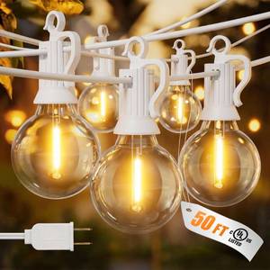 lot 1857 image: Brightown Outdoor String Lights, 50FT 25 G40 Bulbs Shatterproof Patio Lights, IP65 Waterproof Dimmable Hanging Connectable Globe LED Outdoor Lights for Backyard, Bistro, Porch, Deck, Balcony, White - Retail $37