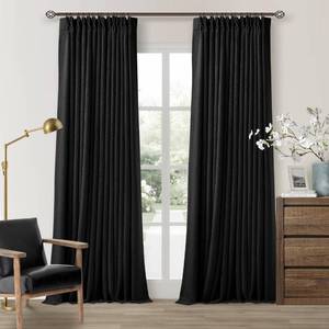 lot 1860 image: Pinch Pleated Blackout Curtains 102 Inches Long for Bedroom 100% Black Out Thick Linen Dual Layer Pinch Pleat Drapes with Back Tab Farmhouse Modern Black 102 Inch Curtain for Dining Living Room - Retail $77