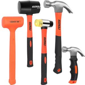 lot 1868 image: LOZAGU 5-Piece Hammer Set, 2LB Dead Blow Hammer  16oz Claw Hammer  16oz Rubber Mallet  35mm Double-Faced Soft Mallet  8oz Small Hammer - Retail $30