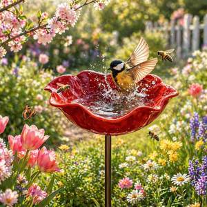 lot 1871 image: Handmade Metal Flower Garden Stake with Bird Bath & pollinator Water Station, Bee Bath for Garden Metal Bee Water Feeder with Flower Design for Outdoor Yard Decor - Retail $10