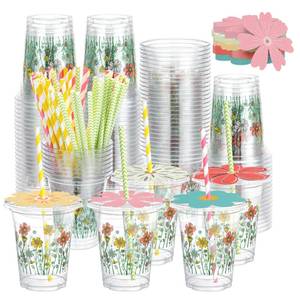 lot 1874 image: Teecyhooo 50 Sets 12oz Wildflower Disposable Plastic Cups with Lids and Flower Designed Straws Spring Floral Cold Beverage Drinking Cups for Spring Summer Wedding Birthday Bridal Baby Shower Party - Retail $27
