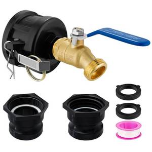 lot 1877 image: IBC Tote Adapter, 2 Cam Lock for 275-330 Gallon IBC Tote Tank with 2packs Groove Fittings, IBC Tote to Garden Hose Adapter with Brass Hose Faucet (34 Male NPT Inlet 34 Male GHT Threaded) - Retail $18