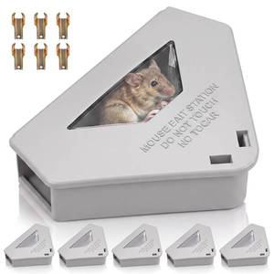 lot 1887 image: Mysora 6 Pack Mouse Bait Stations with Visible Window & Keys, Lockable Rodent Control Boxes Triangular Mice Traps Box for Indoor Outdoor Corners Garage Kitchen, Bait Not Included (Gray) - Retail $20