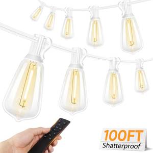 lot 1888 image: Brightever 100FT Outdoor String Lights with Remote, Dimmable LED Patio Lights with 32 ST38 Shatterproof Vintage Bulbs, 2700K Warm White 3 Modes 2 Timer Outside Light for Yard, Deck, Cafe, White - Retail $44