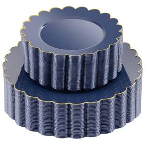 lot 1892 image: LIYH 60 Pcs Navy Blue Plastic Scalloped Plates with Gold Rim, Blue and Gold Disposable Patriotic Plates for Party Included 30 Dinner Plate 10.25 30 Dessert Plate 7.5 Inch for Independence Day - Retail $30