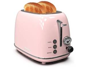 lot 1895 image: Toaster 2 slice,Retro Stainless Steel Toaster with 6 Settings, 1.5 In Extra Wide Slots, BagelDefrostCancel Function, Removable Crumb Tray (Baby pink) - Retail $45