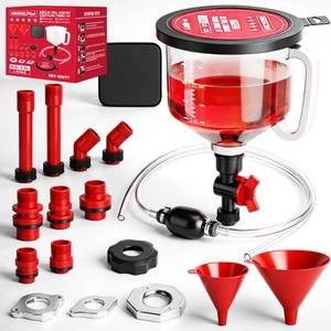 lot 1903 image: 22-Piece No-Spill Coolant Filling Funnel Kit and Siphon Hose Pump, Radiator Coolant Filling Spill-Proof Funnel Kit with Adapters, Extensions, PVC Hose, Engine Oil Funnels, Towel for Universal Vehicle - Retail $30