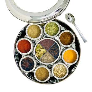 lot 1910 image: spice dabba Stainless Steel Indian Spice Box,Salt Pepper Unique Design for Spices,Steel Masala DabbaSpice Container with Lid  Kitchen Spice BoxSize 8 X 8 X 3 IN(SPICE BOX ONLY) - Retail $70