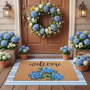 lot 1915 image: Tinideya 2 Pcs Hydrangea Door Mat Blue and White Stripe Welcome Non Slip Flower Coir Mats Floor Layering Floral Doormats Seasonal for Front Porch Entryway Decor(Blue Flower) - Retail $40