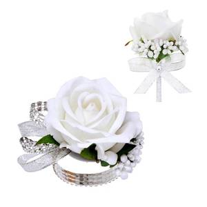 lot 13688 image: Vkkperp 2Pcs White Rose Corsage and Boutonniere Set, Corsage Wristlet Band for Prom Decorations, Artificial Boutonniere for Men Wedding Party Suit Flower Accessories - Retail $8