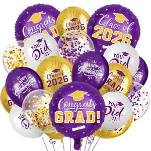 lot 13693 image: Purple and Gold Graduation Balloons Graduation Decorations 2026, 51Pcs Grad Latex Balloons and Grad Foil Balloon with Confetti Ribbons Grad Party Decorations for College High School - Retail $7