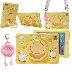 lot 13711 image: 3D Cute Press Duck Case for iPad 9th8th7th 10.2 inchAir 3rd 2019 Pro 2017 10.5 inch,Kawaii Cartoon Character Duck Soft Silicone Rotating Stand Case with Lanyard for Kids Teens Girls Women - Retail $22