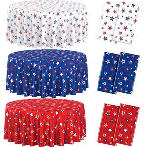 lot 13729 image: 6 Pack 4th of July Memorial Day Tablecloth Decorations, Plastic Round American Red White Blue Stars Table Cloth Patriotic Disposable Table Cover for Independence Day Party Supplies, 54x108 Inch