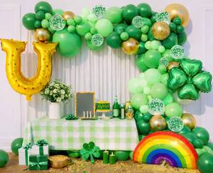 lot 13739 image: Beaumode Green St. Patricks Day Balloon Arch Garland Kit with Rainbow Clover Horseshoe Foil Balloons St Pattys Shamrock Theme Irish Birthday Baby Shower Party Decorations (Green) - Retail $15