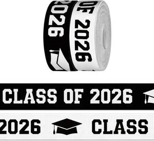 lot 13740 image: CHMOART 2 Rolls 7 Yards Class of 2026 Ribbon for Crafting Sewing, 78 Inch Black White Grosgrain Ribbons for Gift Wrapping, Senior 2026 Graduation Ribbons for Hair Bow Accessory - Retail $6