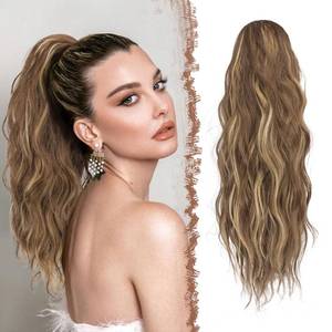 lot 13756 image: FESHFEN Ponytail Extensions, Drawstring Ponytails Hair Extension Light Brown & Blonde Long Curly Wavy Hair Piece Synthetic Pony Tail Hairpieces for Women, 18 inch - Retail $19