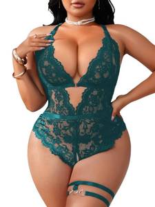 lot 13757 image: SOLY HUX Womens Plus Size Lace Lingerie Set Deep V Neck Teddy Bodysuit Babydoll Nightwear with Leg Ring Pure Green 3X-Large Plus - Retail $23