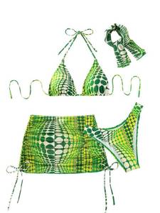 lot 13764 image: COZYEASE Womens 4 Piece Polka Dots Swimsuits Triangle Bikini Sets Bathing Suit Cover Up Skirt & Bandana Green M - Retail $36